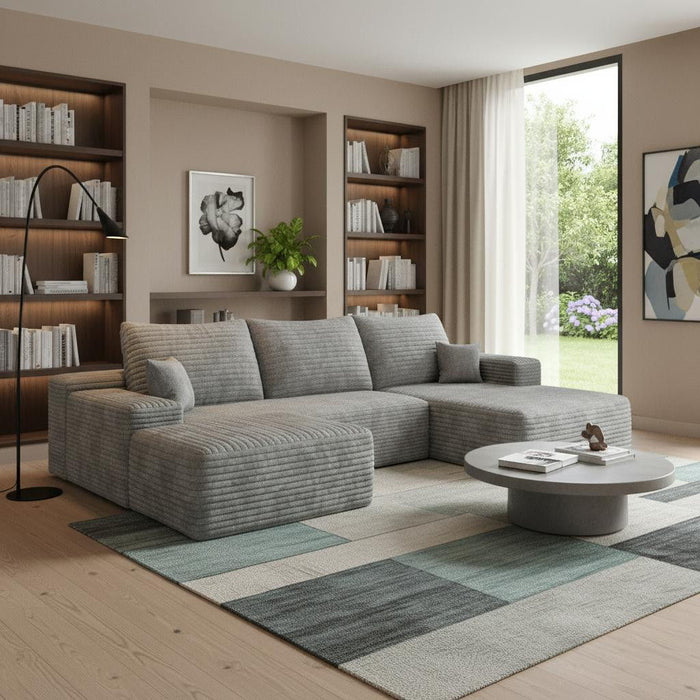 107" 2 Piece Living Room Set Corduroy Modular Compression Foam Sofa With Ottoman Toss Pillows - Gray
