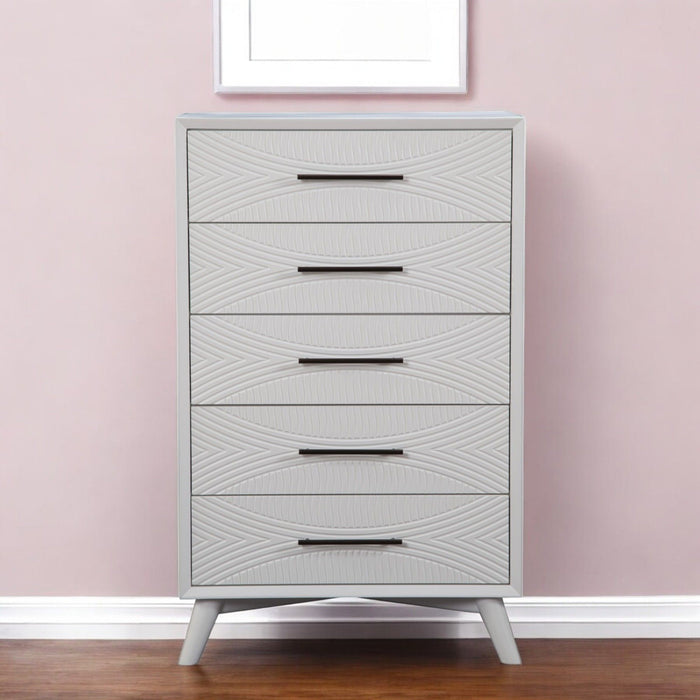 34" Carved Geometric Solid Wood Five Drawer Dresser - White