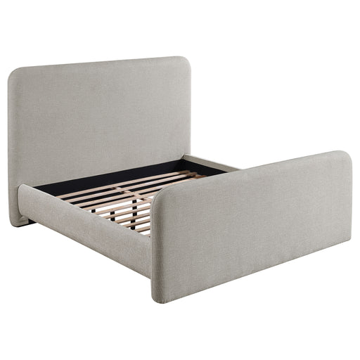 Grey upholstered Eastern King platform bed with tufted headboard and modern design from CoasterEveryday furniture collection.