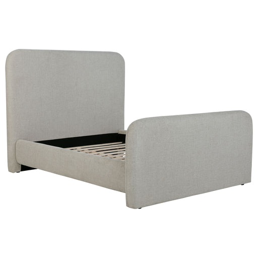 Grey Wren upholstered queen platform bed by CoasterEveryday with a padded headboard and sleek wooden frame.