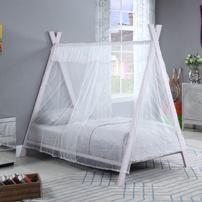 Pink Fultonville metal twin tent bed with 7-inch mattress, sturdy frame, and playful tent-style design for kids' bedroom decor.