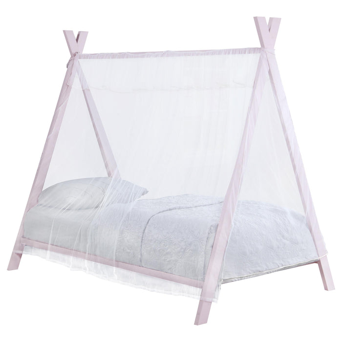 Pink Fultonville metal twin tent bed with 7-inch mattress by CoasterEveryday, featuring a playful tent-style design and sturdy metal frame.