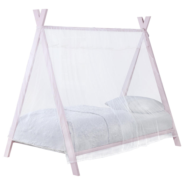 Pink Fultonville metal twin tent bed with 7-inch mattress, featuring a frame with canopy-style posts and cozy fabric sides.