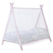 Pink Fultonville metal twin tent bed with 7-inch mattress, featuring a frame with canopy-style posts and cozy fabric sides.