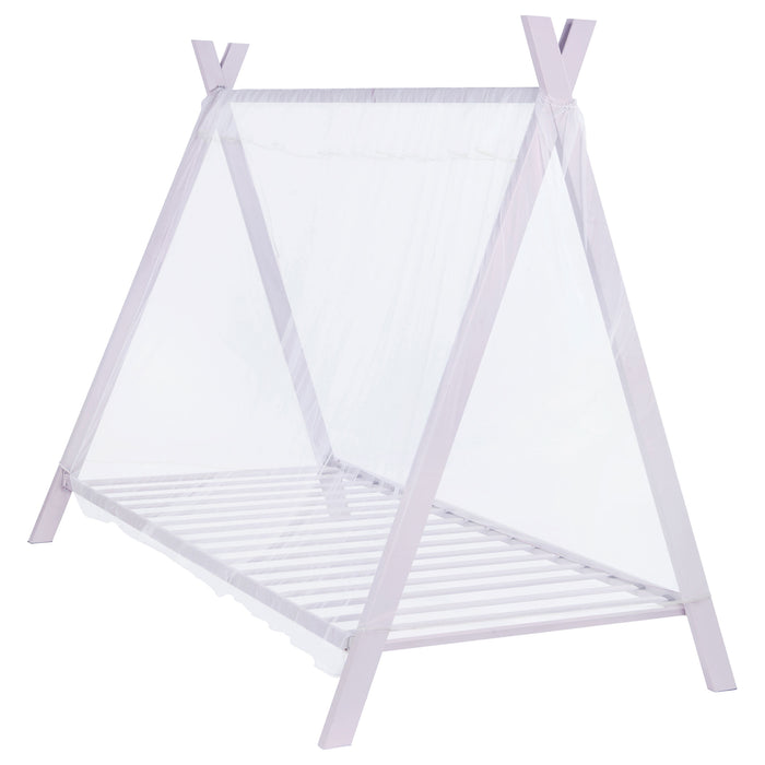 Pink Fultonville metal twin tent bed with a 7-inch mattress, featuring a sturdy metal frame and playful tent-style design.