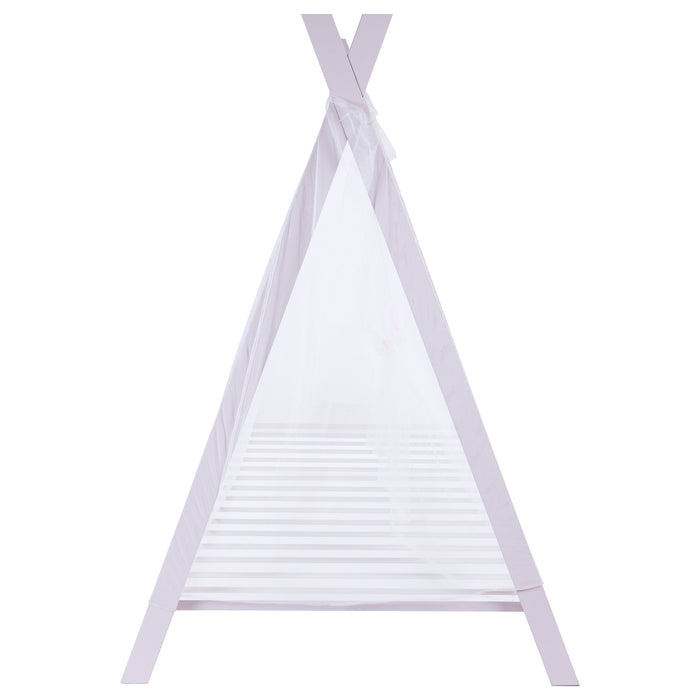 Pink Fultonville metal twin tent bed with 7-inch mattress, featuring a sturdy frame and playful tent-style design for kids' bedroom.