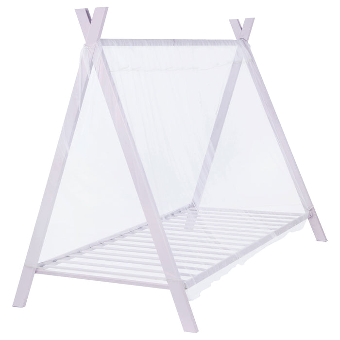 Pink Fultonville metal twin tent bed with 7-inch mattress, featuring a playful tent design and sturdy metal frame.