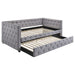 CoasterEssence Mockern upholstered twin daybed with trundle in grey, featuring a padded headboard and sleek wooden frame.