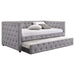 CoasterEssence Mockern Grey upholstered twin daybed with built-in trundle, featuring a padded headboard and modern furniture design.
