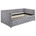 Mockern upholstered twin daybed with trundle in grey, CoasterEssence furniture, showcasing fabric upholstery and modern design.
