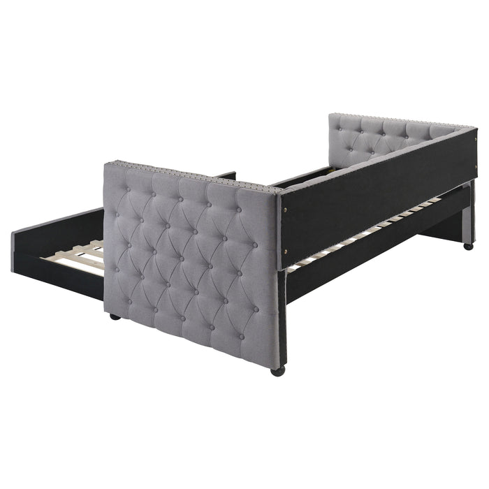 CoasterEssence Mockern upholstered twin daybed with trundle in grey fabric, showcasing a stylish and functional furniture piece.