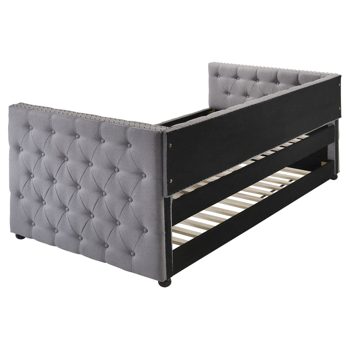 CoasterEssence Mockern upholstered twin daybed with trundle in grey fabric, featuring a modern design and plush cushioning.