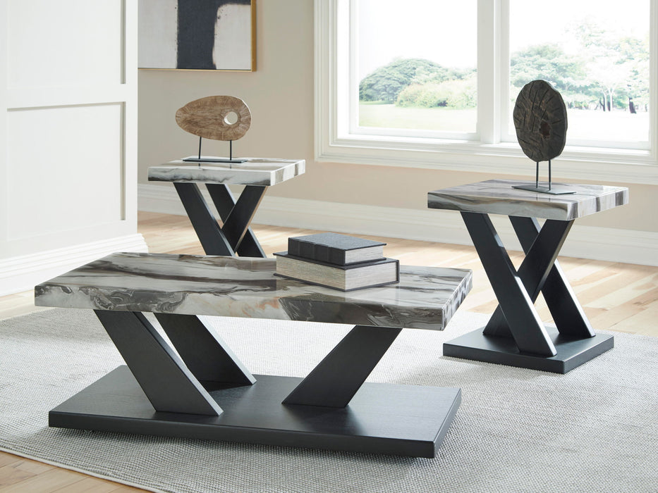 Set of three Signature Design by Ashley dark brown, white, and black occasional tables, modern table set for living room decor
