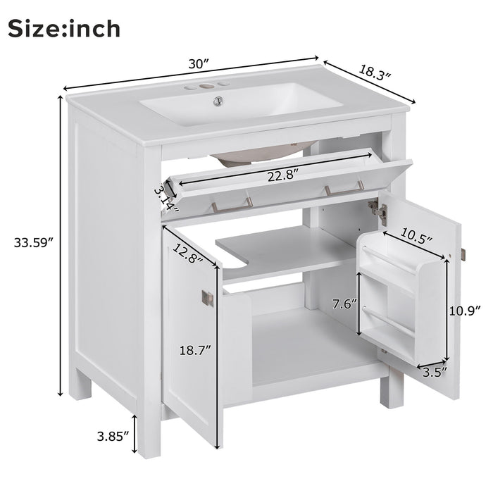 Giga bathroom vanity with ceramic sink, modern single cabinet featuring two doors, a shelf, and soft-close mechanism.