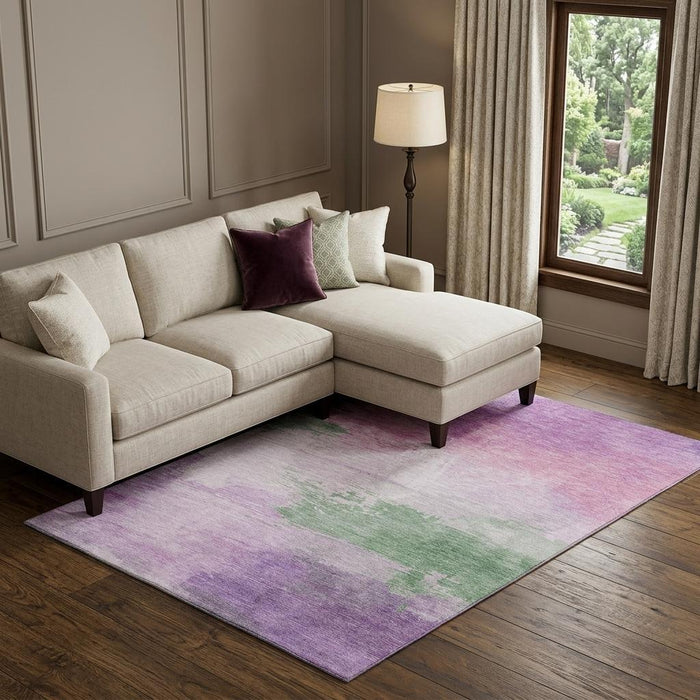 10' X 14' Abstract Washable Area Rug With UV Protection (694176) - Lilac / Green / Pink