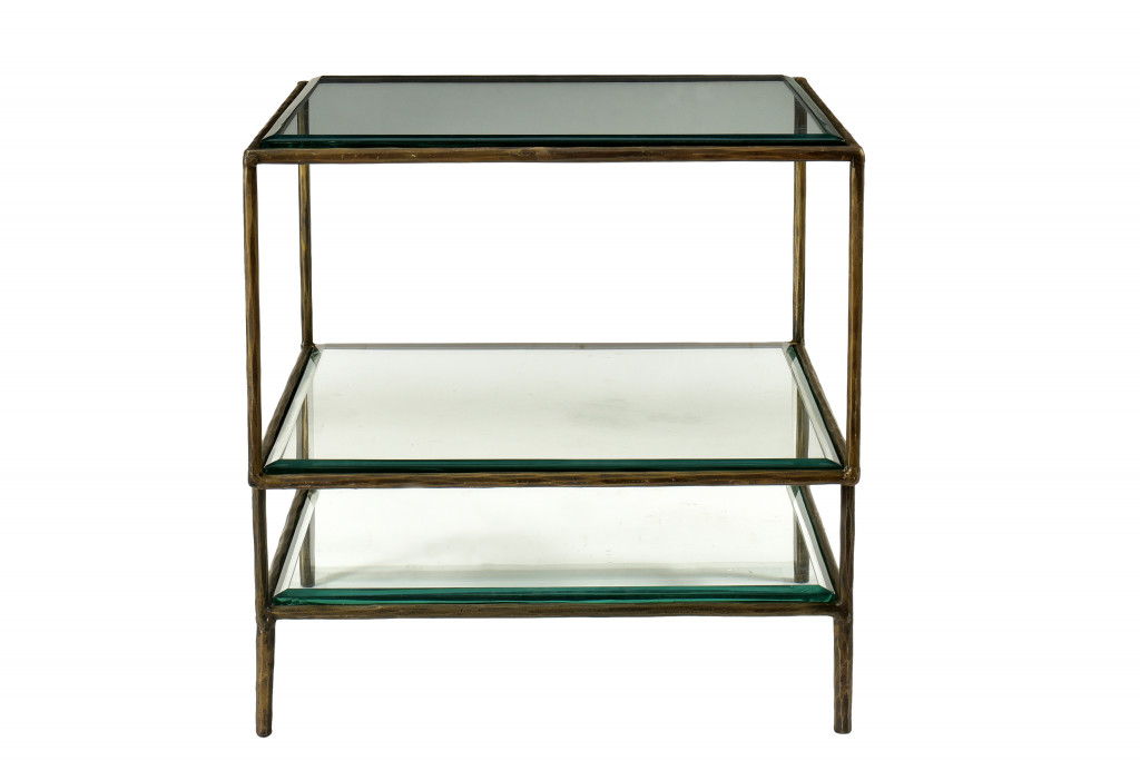 Glass And Iron Square End Table With Two Shelves - Bronze And Clear