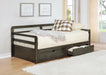 Grey Sorrento 2-drawer Twin XL daybed with extension trundle, CoasterEssence furniture, showing the bed frame with drawers and trundle pulled out.
