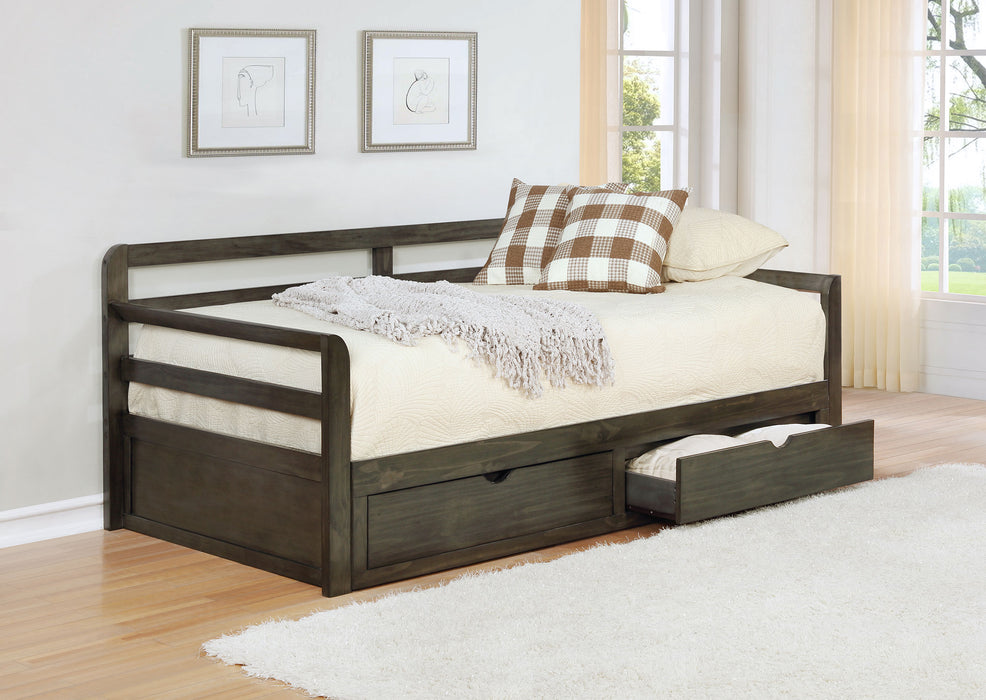 Grey Sorrento 2-drawer Twin XL daybed with extension trundle, CoasterEssence furniture, showing the bed frame with drawers and trundle pulled out.