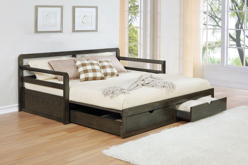 CoasterEssence Sorrento twin XL daybed with two drawers and extension trundle in grey, showing the modern furniture design.