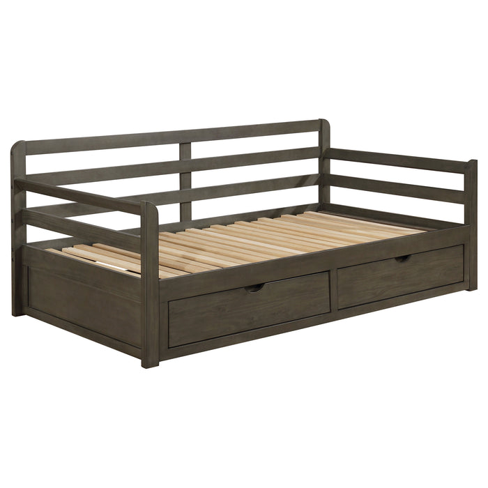 Gray Sorrento 2-drawer Twin XL daybed with extension trundle, featuring a modern furniture design from CoasterEssence.