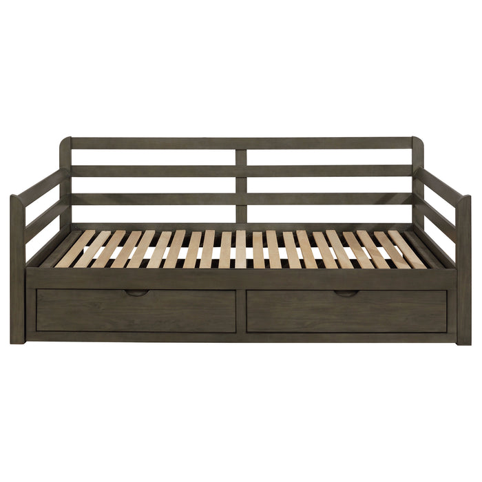 Grey Sorrento 2-drawer Twin XL daybed with extension trundle, made by CoasterEssence, shown with clean lines and storage drawers.