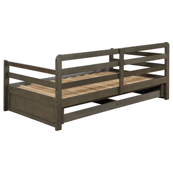 Grey Sorrento twin XL daybed with two drawers and extension trundle, featuring a modern furniture design by CoasterEssence.
