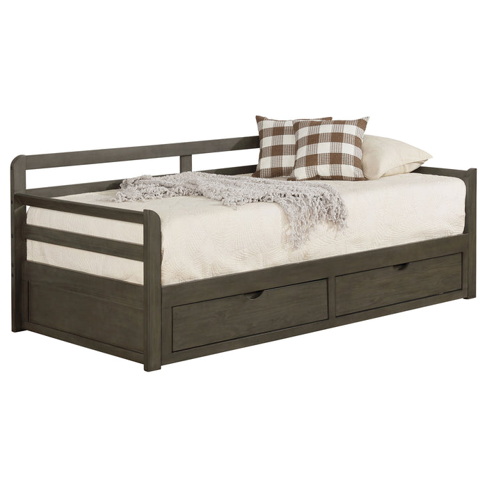 Grey Sorrento 2-drawer Twin XL daybed with extension trundle and storage drawers, made by CoasterEssence furniture.