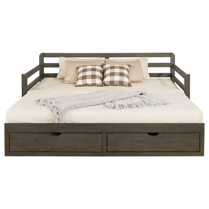 Gray Sorrento 2-drawer Twin XL daybed with extension trundle and storage drawers, featuring a contemporary furniture design.