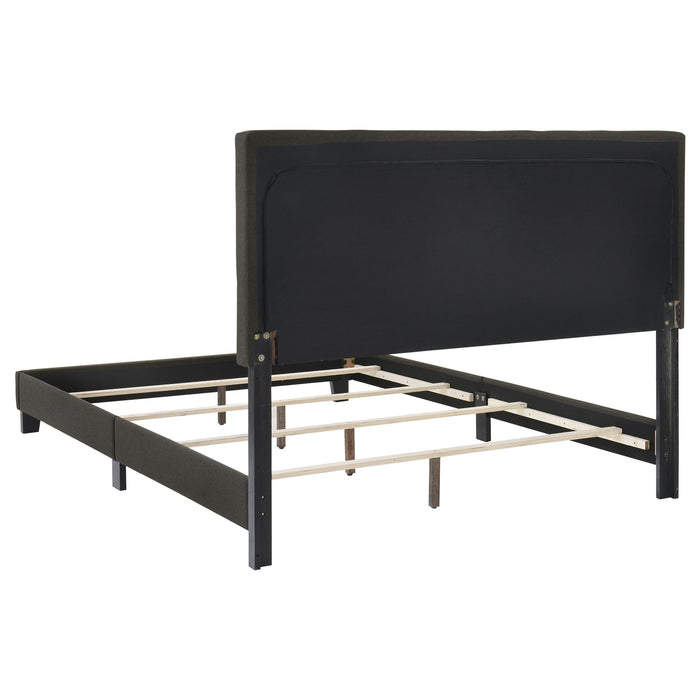 Charcoal upholstered full panel bed by CoasterEveryday featuring a modern, padded headboard and sleek wooden frame.