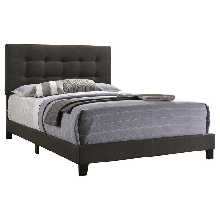 Mapes upholstered Eastern King panel bed in charcoal with tufted headboard and wooden frame, modern furniture by CoasterEveryday.
