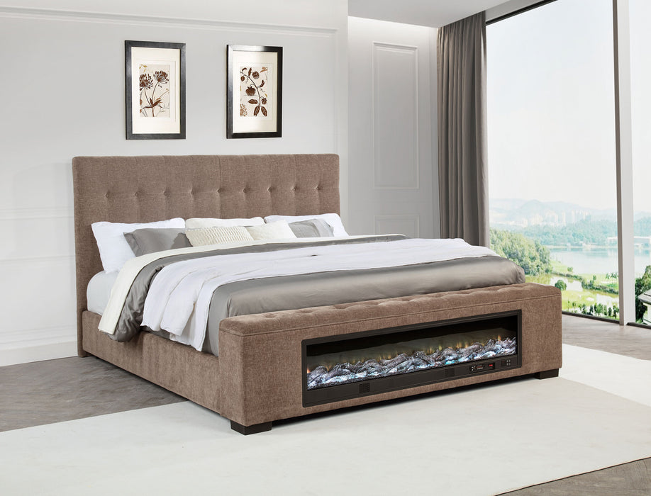 Brown upholstered Eastern King audio flame visualizer bed with tufted headboard and wood legs, featuring a modern furniture design.