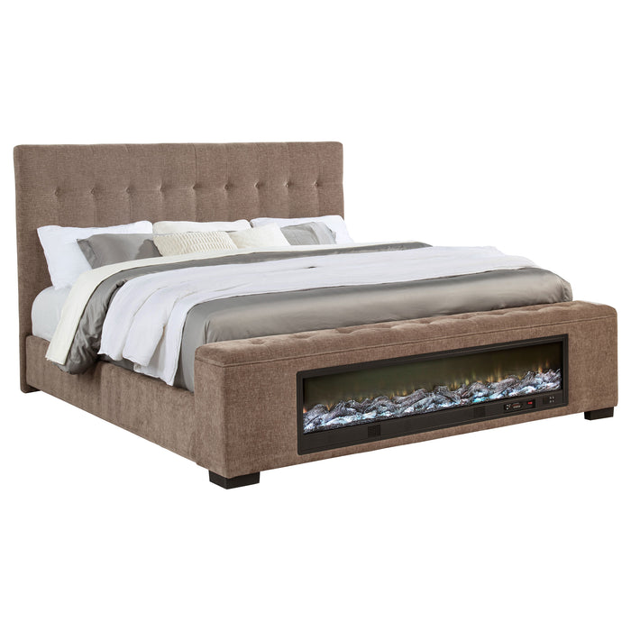 Brown Senna upholstered Eastern King audio flame visualizer bed with tufted headboard and wooden legs, showcasing modern furniture design.