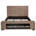 Brown upholstered Eastern King audio flame visualizer bed with tufted headboard and sleek wooden frame, featuring modern furniture design.