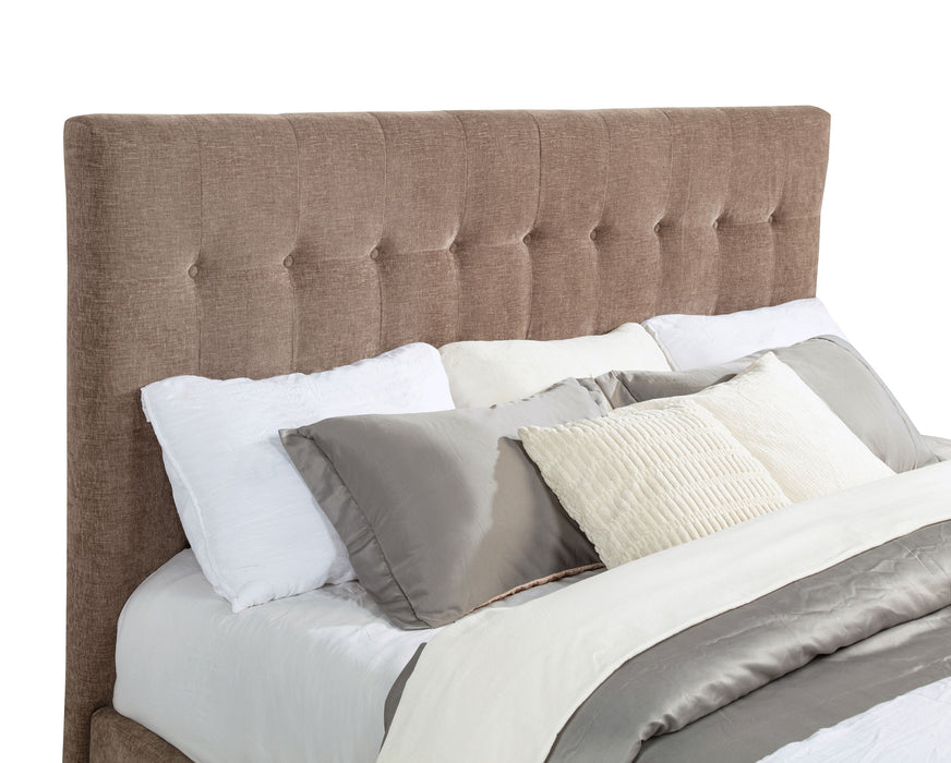 Brown Senna upholstered Eastern King Audio Flame visualizer bed by CoasterEveryday, showcasing a plush, padded headboard and elegant design.