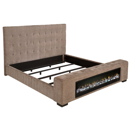Brown upholstered California King Audio Flame Visualizer Bed with sleek design and padded headboard, part of CoasterEveryday furniture collection.