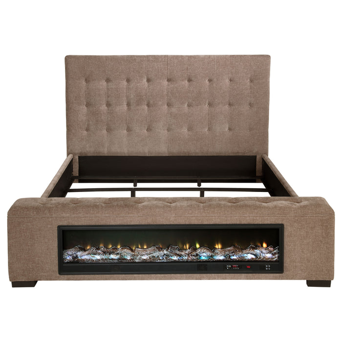 Brown Senna upholstered California King audio flame visualizer bed with padded headboard and modern furniture design.