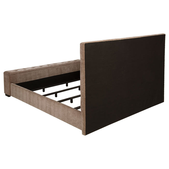 Brown Senna upholstered California King bed with audio flame visualizer feature, modern furniture by CoasterEveryday.