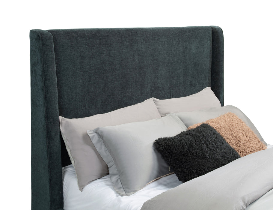 Dark blue Preston upholstered Eastern King audio flame visualizer bed from CoasterEveryday, featuring plush fabric and modern design.