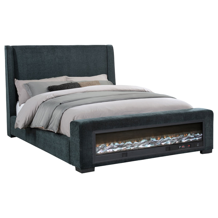 Dark blue upholstered California King audio flame visualizer bed by CoasterEveryday, showcasing plush fabric and modern furniture design.