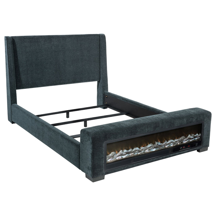 Dark blue upholstered Preston Queen size Audio Flame visualizer bed by CoasterEveryday, featuring a modern furniture design.