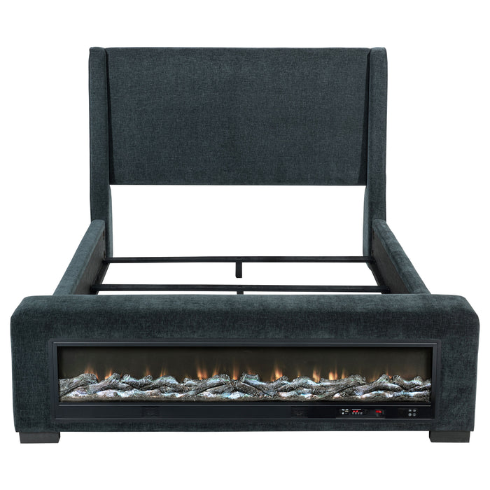 Dark blue Preston upholstered queen bed by CoasterEveryday with plush headboard and elegant design, showcasing furniture style.