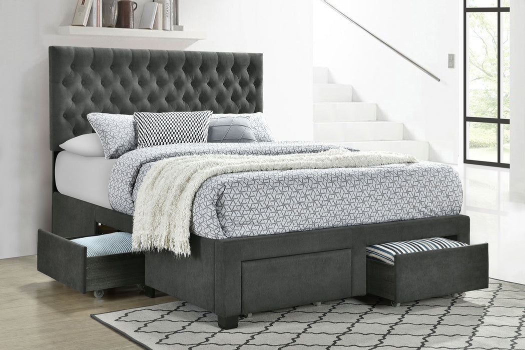 Grey upholstered full storage panel bed by CoasterEssence with a modern design and built-in storage drawers.