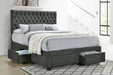 Grey upholstered full storage panel bed by CoasterEssence with a modern design and built-in storage drawers.
