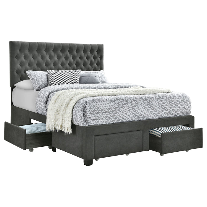 Grey upholstered full storage panel bed by CoasterEssence with a padded headboard and built-in storage drawers in a modern furniture design.