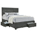 Grey upholstered full storage panel bed by CoasterEssence with a padded headboard and built-in storage drawers in a modern furniture design.