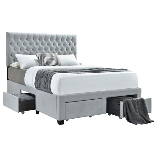 Soledad light grey upholstered full storage panel bed by CoasterEssence