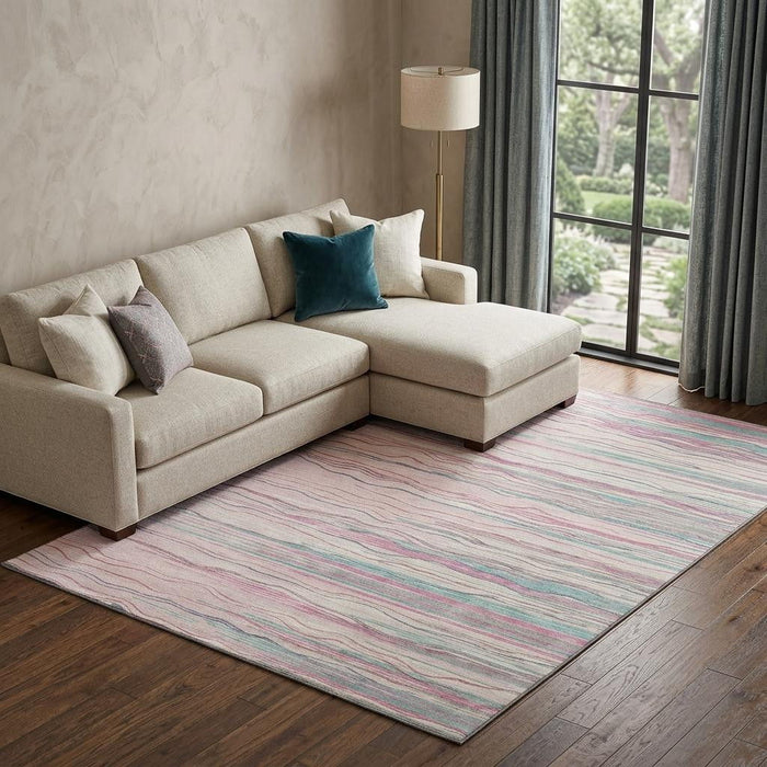 10' X 14' Striped Washable Area Rug With UV Protection (678401) - Pink / Gray / Teal
