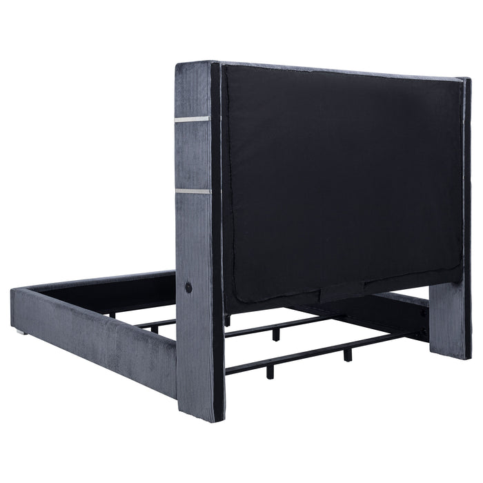 CoasterEveryday Tisdall upholstered Eastern king bed in gray with flame visualizer headboard panels