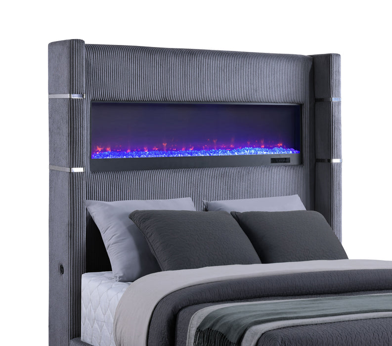 Tisdall Upholstered Eastern King Flame Visualizer Bed Grey