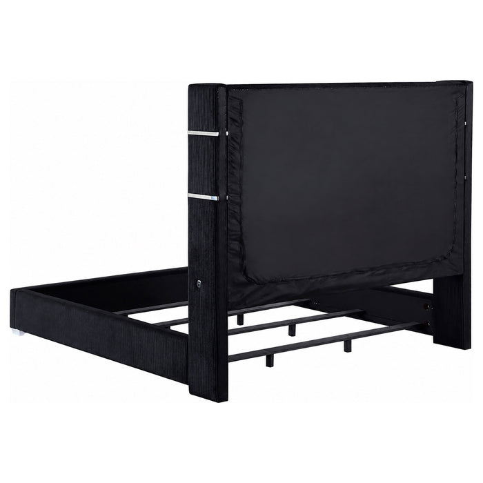 Black upholstered Cal King flame visualizer bed with tufted headboard and sleek furniture design by CoasterEveryday.